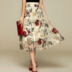 BOUTIQUE EMBROIDERED MESH MIDI SKIRT
